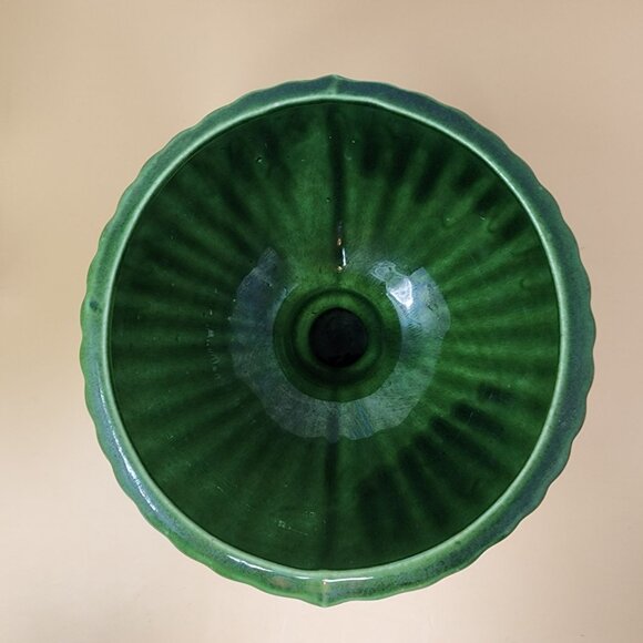 Vintage Green Speckled Haeger USA Ribbed Ceramic Pedestal Footed Bowl - Picture 5 of 8